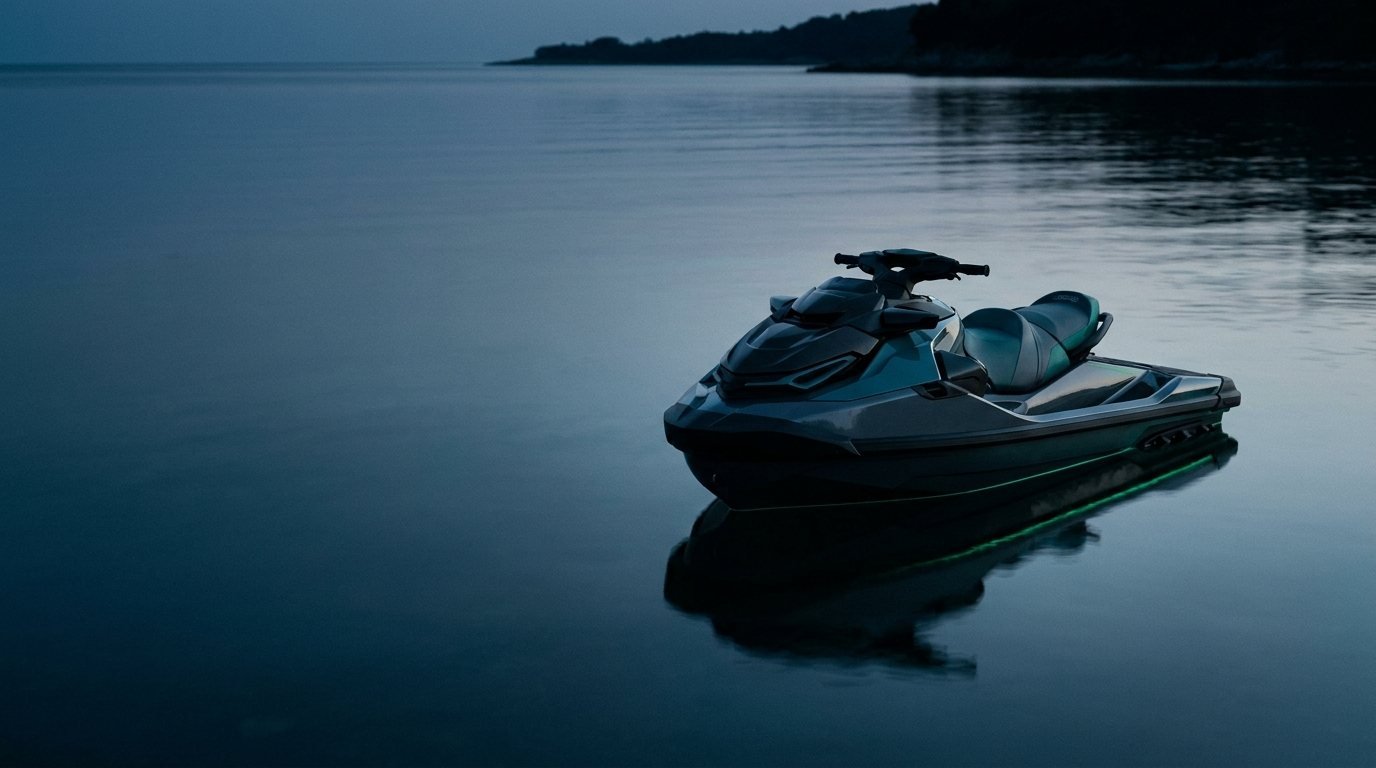 Moto aquática parada em água calma ao entardecer